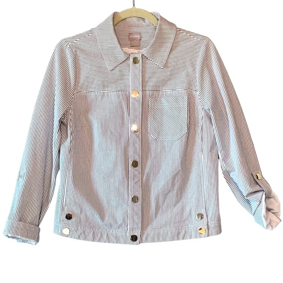 Chico's Jackets & Blazers - Chico's Striped Button Front Jacket Gold Button Accents Roll Tab Sleeves Women's